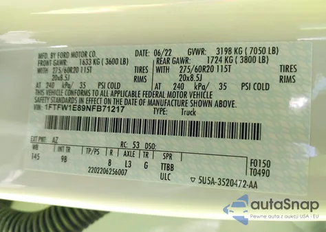 2022 Ford F-150 Platinum z USA, uszkodzony, nr VIN 1FTFW1E89NFB71217